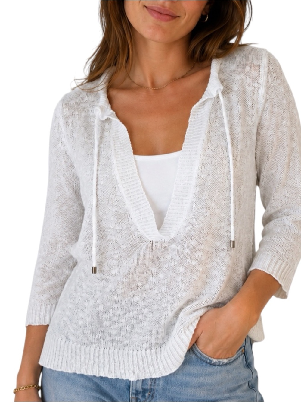 Ann Taylor LOFT MEDIUM Coastal White Linen Cotton Beach V Neck Sweater  Beach